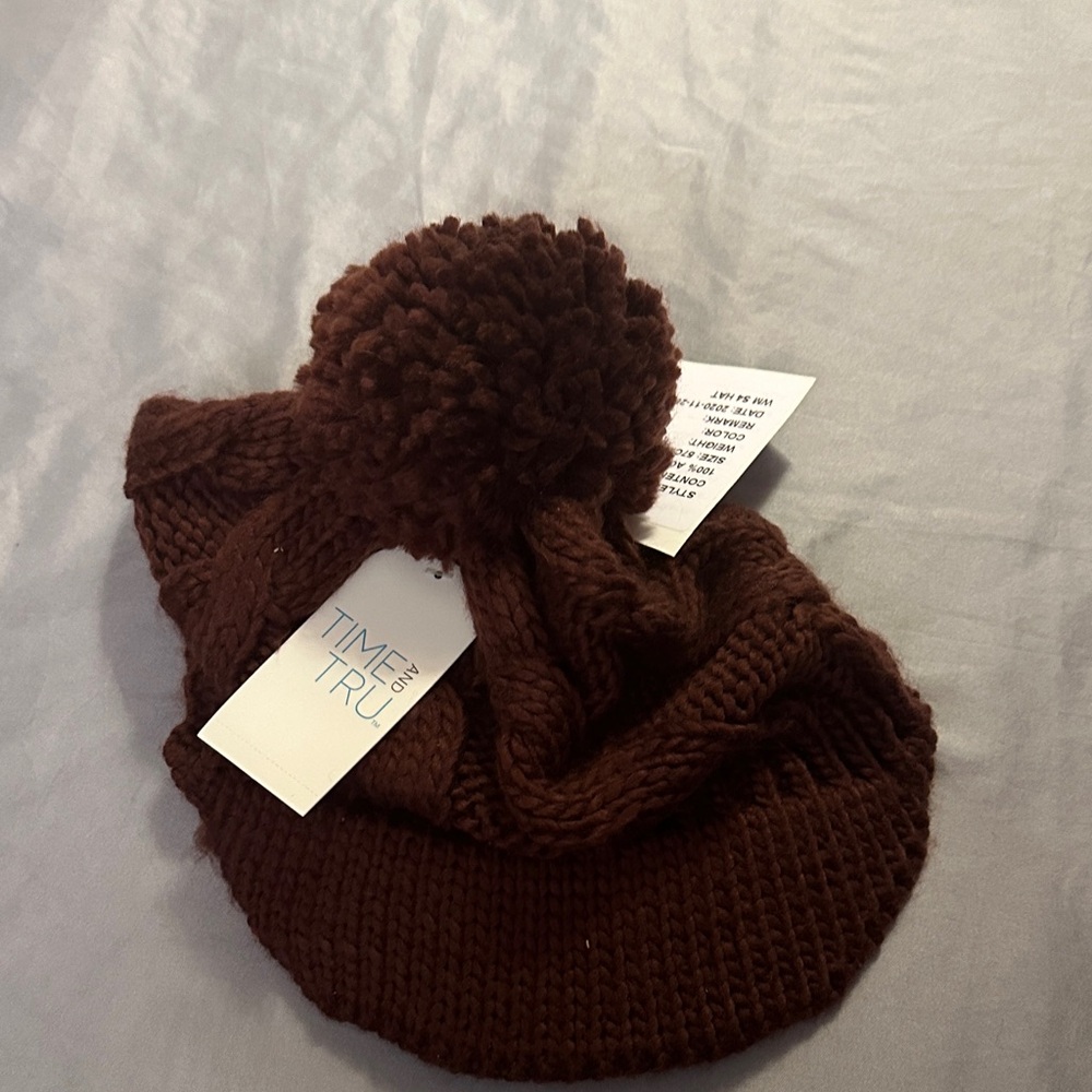 Time and Tru Chocolate Knit Beanie with Pom - Picture 5 of 5